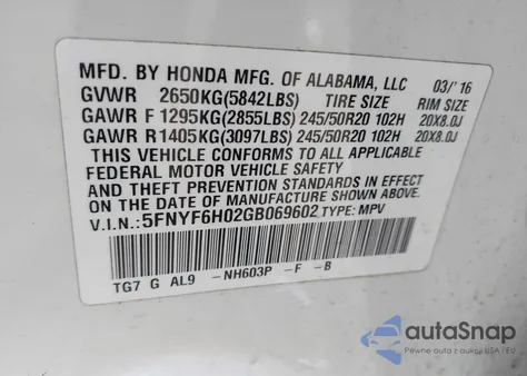 2016 Honda Pilot Elite z USA, uszkodzony, nr VIN 5FNYF6H02GB069602